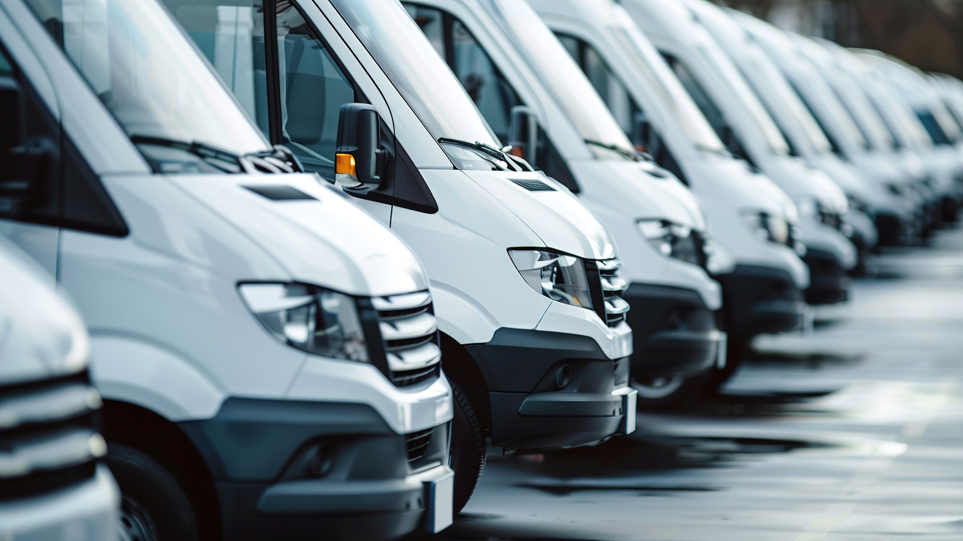 Reihe neuer weißer Lieferwagen, die in der Reihenfolge geparkt sind, Fokus auf den ersten Lieferwagen